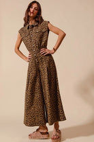 SO ME Wide Leg Leopard Twill Overalls Jumpsuit with Tuck Pleats