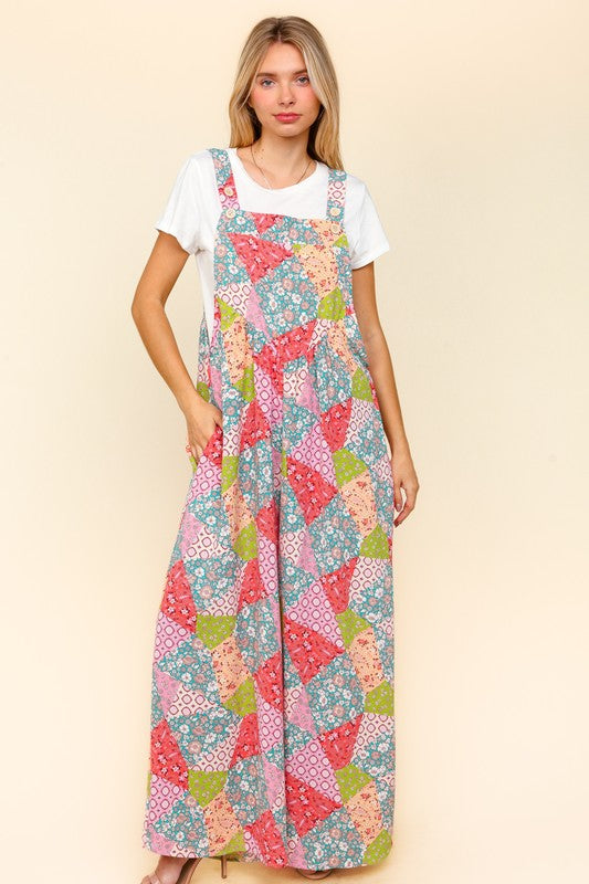 Haptics Coral Multi Printed Patchwork Wide Leg Overalls with Side Pockets