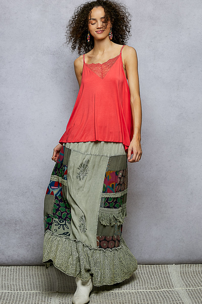 POL Sage Printed Patchwork Embroidered Ruffled Skirt