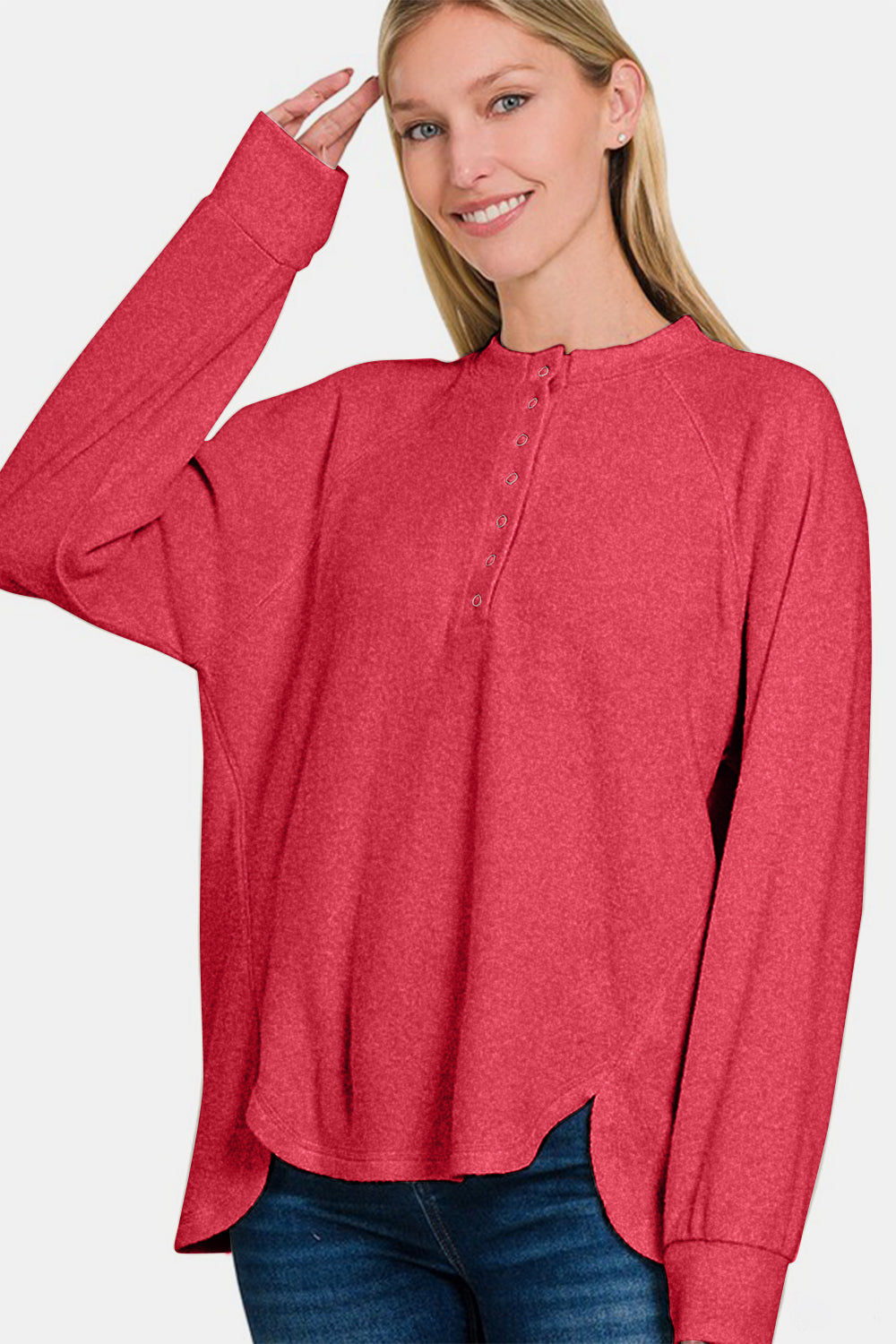 Zenana Strawberry Brushed Melange Hacci High-Low Sweater Shirts & Tops