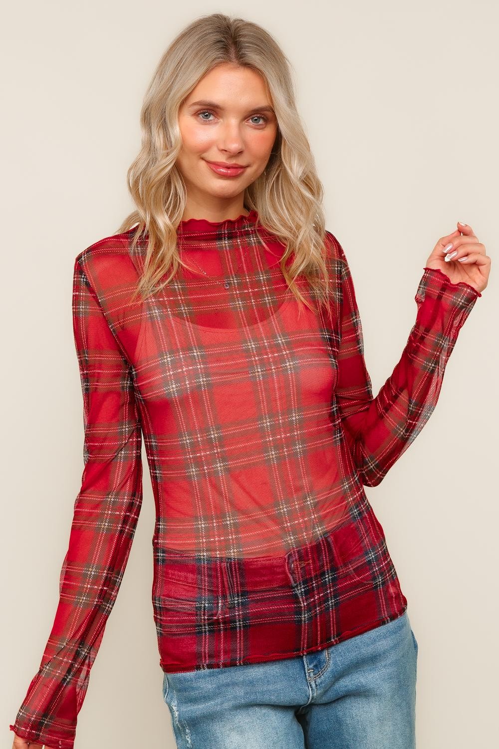 Haptics Red High Neck Line Plaid Mesh Semi Sheer Top Large