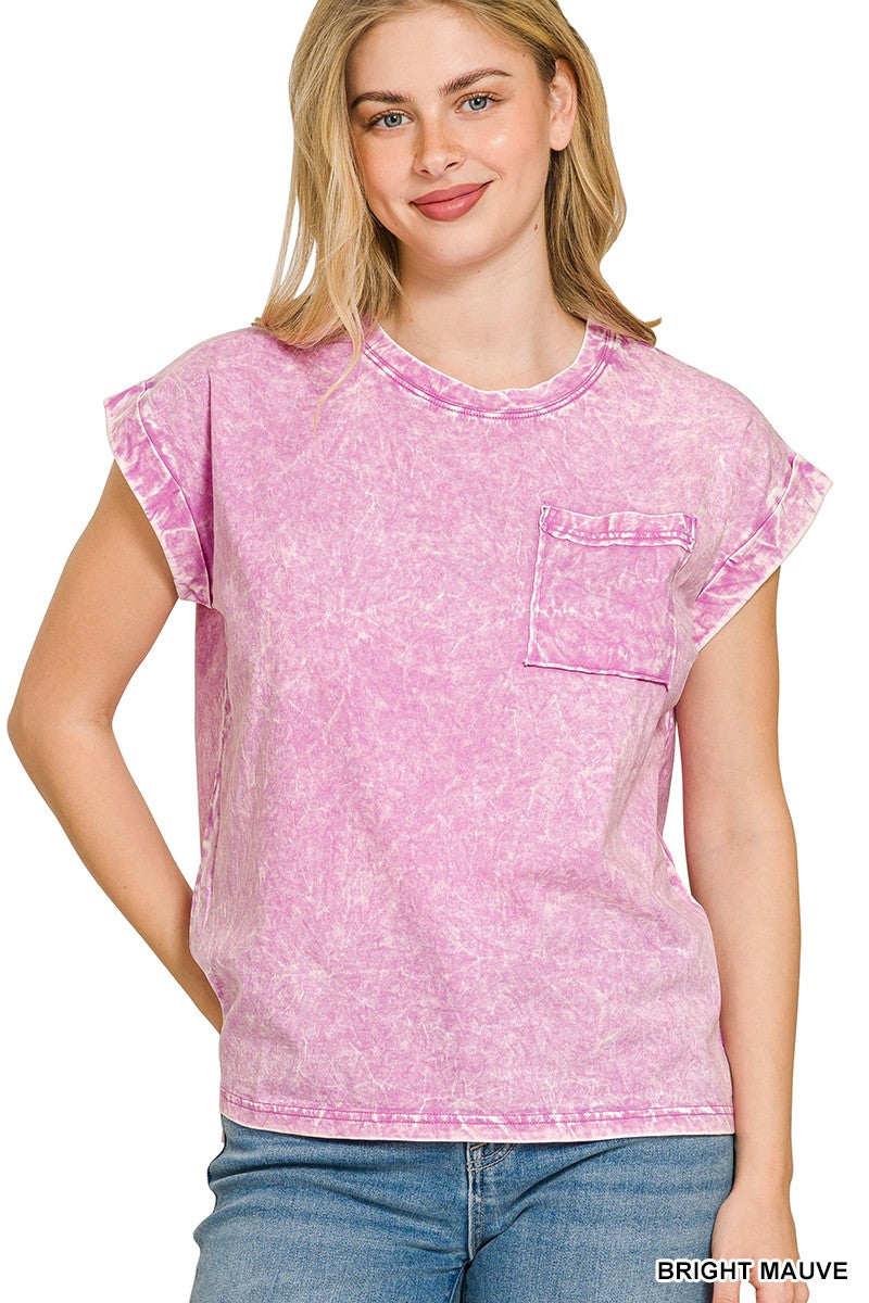 Zenana Bright Mauve Crinkle Washed Round Neck Folded Short Sleeve Tee Plus Size BRIGHT MAUVE