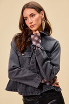 SO ME Black Denim Peplum Hem Front Button Jacket With Pockets