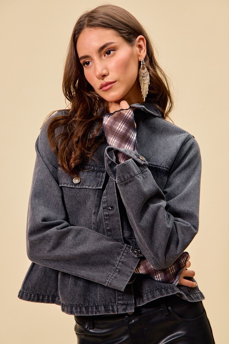 SO ME Black Denim Peplum Hem Front Button Jacket With Pockets