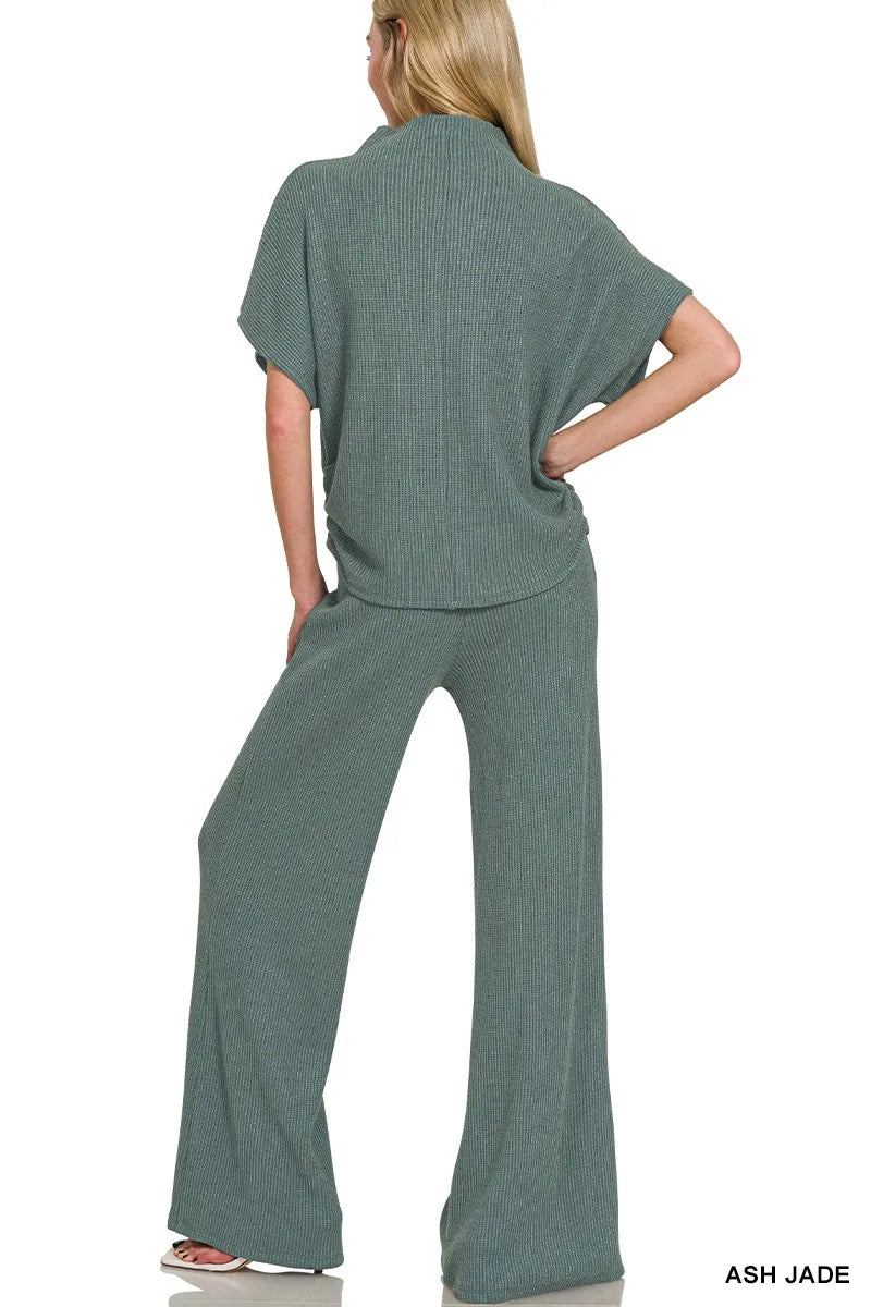 Zenana Ash Jade Mock Neck Top and Pants Sweater Set