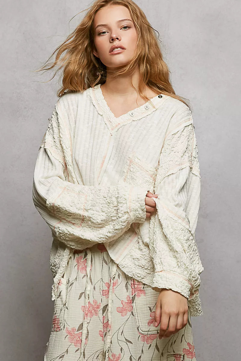 POL Off White V-Neck Long Sleeve Top with Stitch Detail OFF WHITE