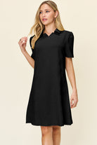 Double Take Quilted Textured Collared Neck Puff Sleeve Dress Black Trendsi