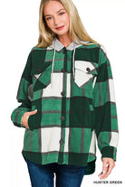 Zenana Hunter Green Plaid Drawstring Hooded Fleece Shacket HUNTER GREEN