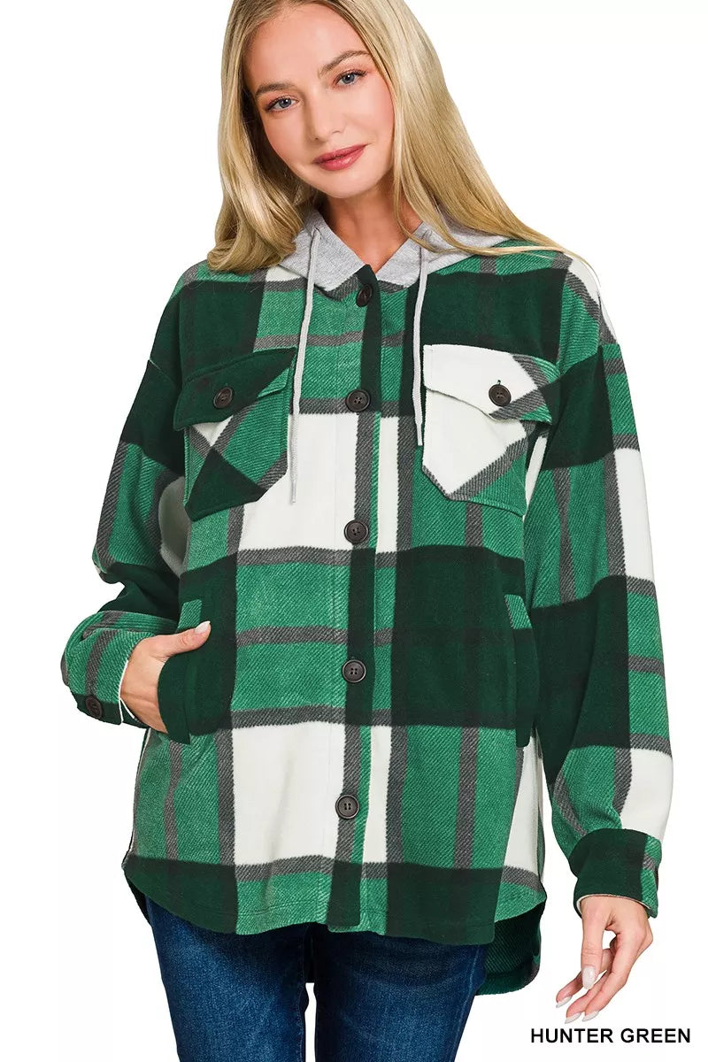Zenana Hunter Green Plaid Drawstring Hooded Fleece Shacket HUNTER GREEN