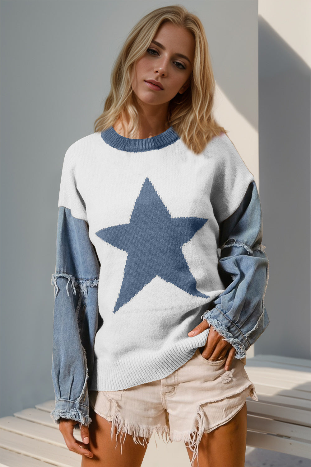 Preorder: 3 Colors: Double Take Star Pattern Raw Edge Long Denim Sleeve Sweater White