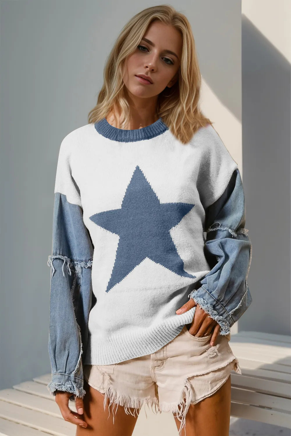 Double Take Full Size Star Pattern Raw Edge Long Sleeve Sweater White