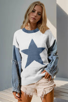 Double Take Full Size Star Pattern Raw Edge Long Sleeve Sweater White