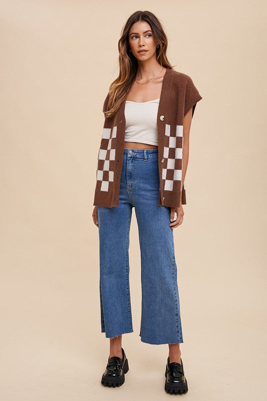 Annie Wear Dark Brown Checkered Button Down Short Sleeve Cardigan