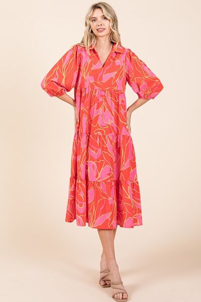 Mittoshop Coral Tiered Printed Collared Neck Midi Dress