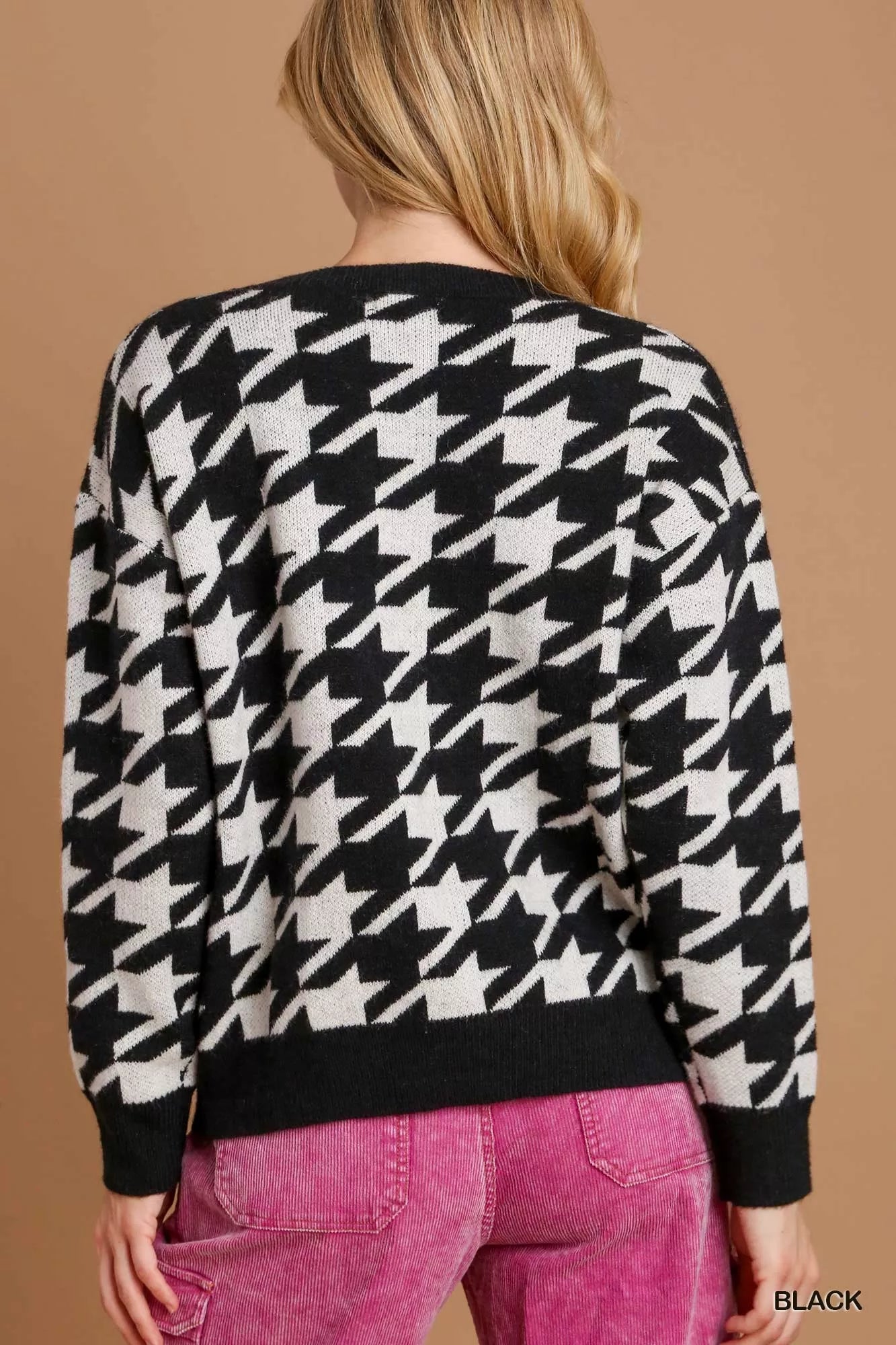 Umgee Black Houndstooth Round Neck Sweater