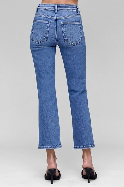 RISEN Medium Washed Tummy Control High Rise Crop Straight Jeans