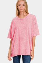 Zenana Pink Acid Washed Boxy Fit Drop Shoulder Oversized T-Shirt Shirts & Tops