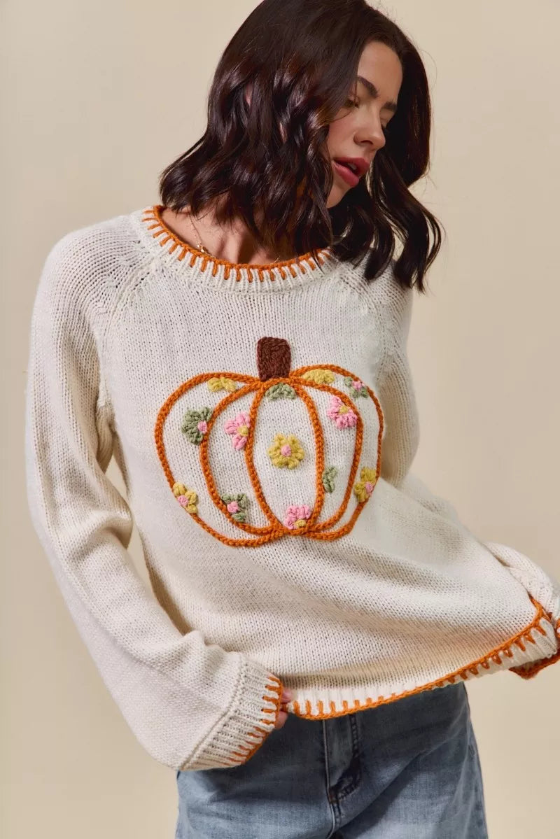 SO ME Pumpkin Floral Embroidered Thanksgiving Sweater