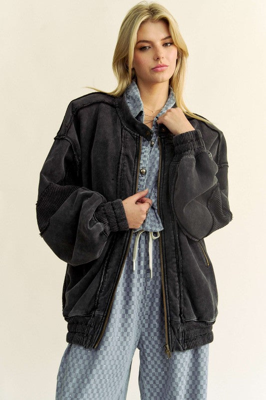 Davi & Dani Black Raw Edge Waffle Framed Exposed Seam Zip Up Dropped Shoulder Fleece Jacket Coats & Jackets