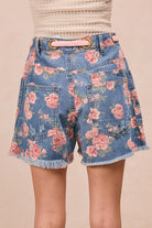 BiBi Braided Waist Belt Patch Pockets Floral Print Denim Shorts
