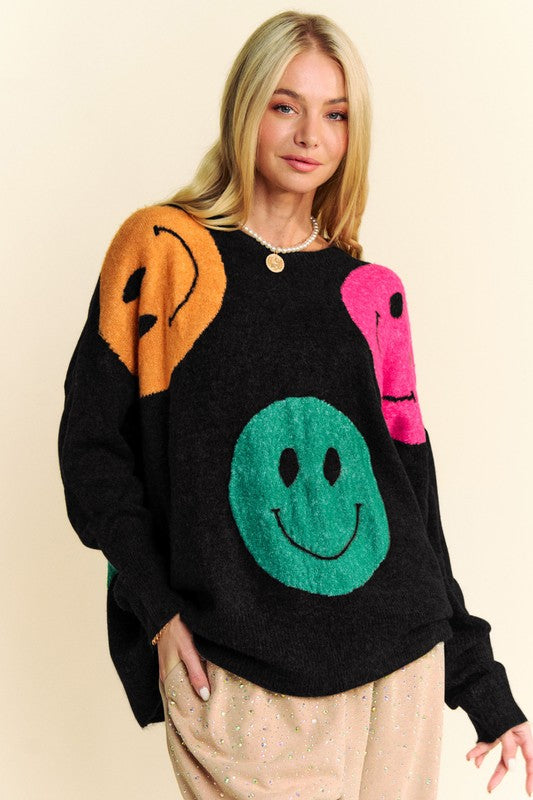 Davi & Dani Black Contrast Smile Printed Round Neck Oversize Sweater Black Shirts & Tops