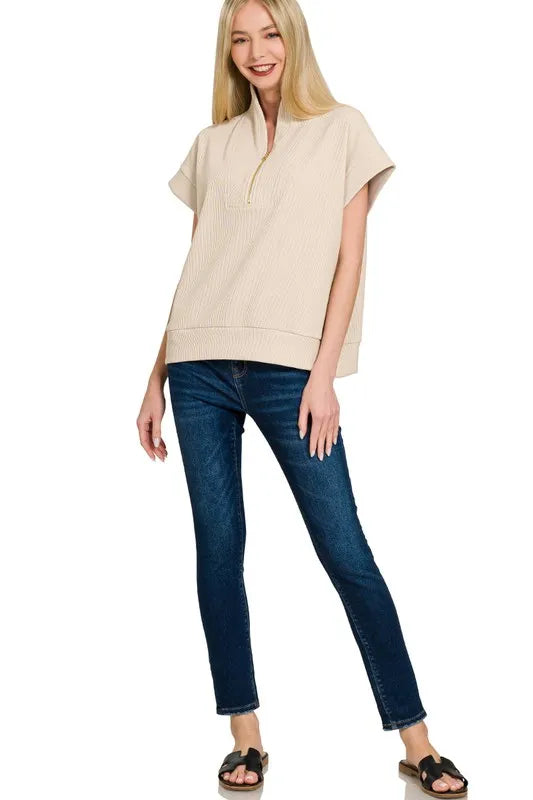 Zenana Sand Beige Ribbed High Neck Half Zip Top SAND BEIGE