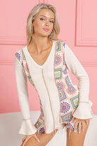 BiBi Cream Granny Square Print Contrast Annie Rib V Neck Top