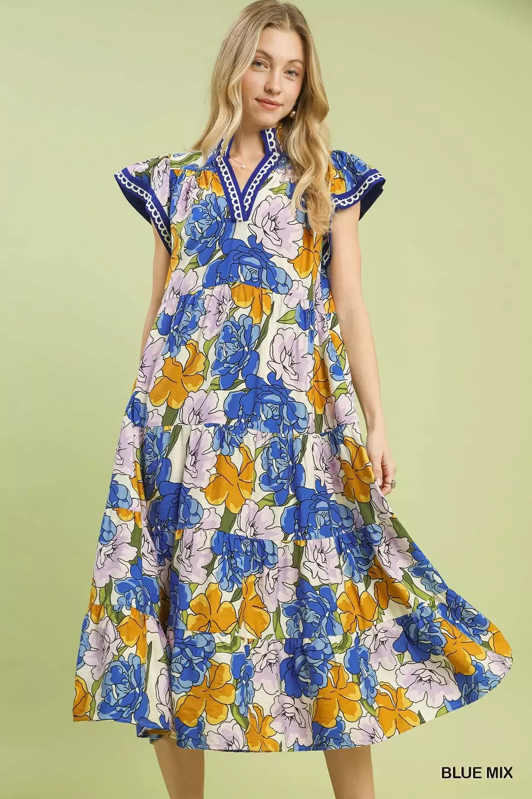Umgee Blue Mix Bold Floral Tiered Midi Dress BLUE MIX