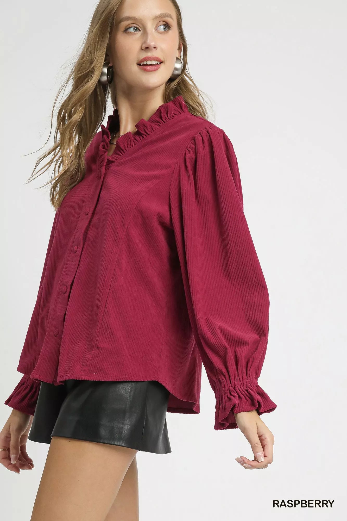 Umgee Raspberry Corduroy Ruffle Shirt with Long Puff Sleeves