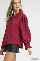 Umgee Raspberry Corduroy Ruffle Shirt with Long Puff Sleeves