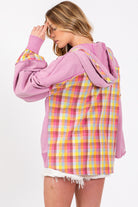 SAGE + FIG Lilac Plaid Print Washed Hoodie Lilac Trendsi