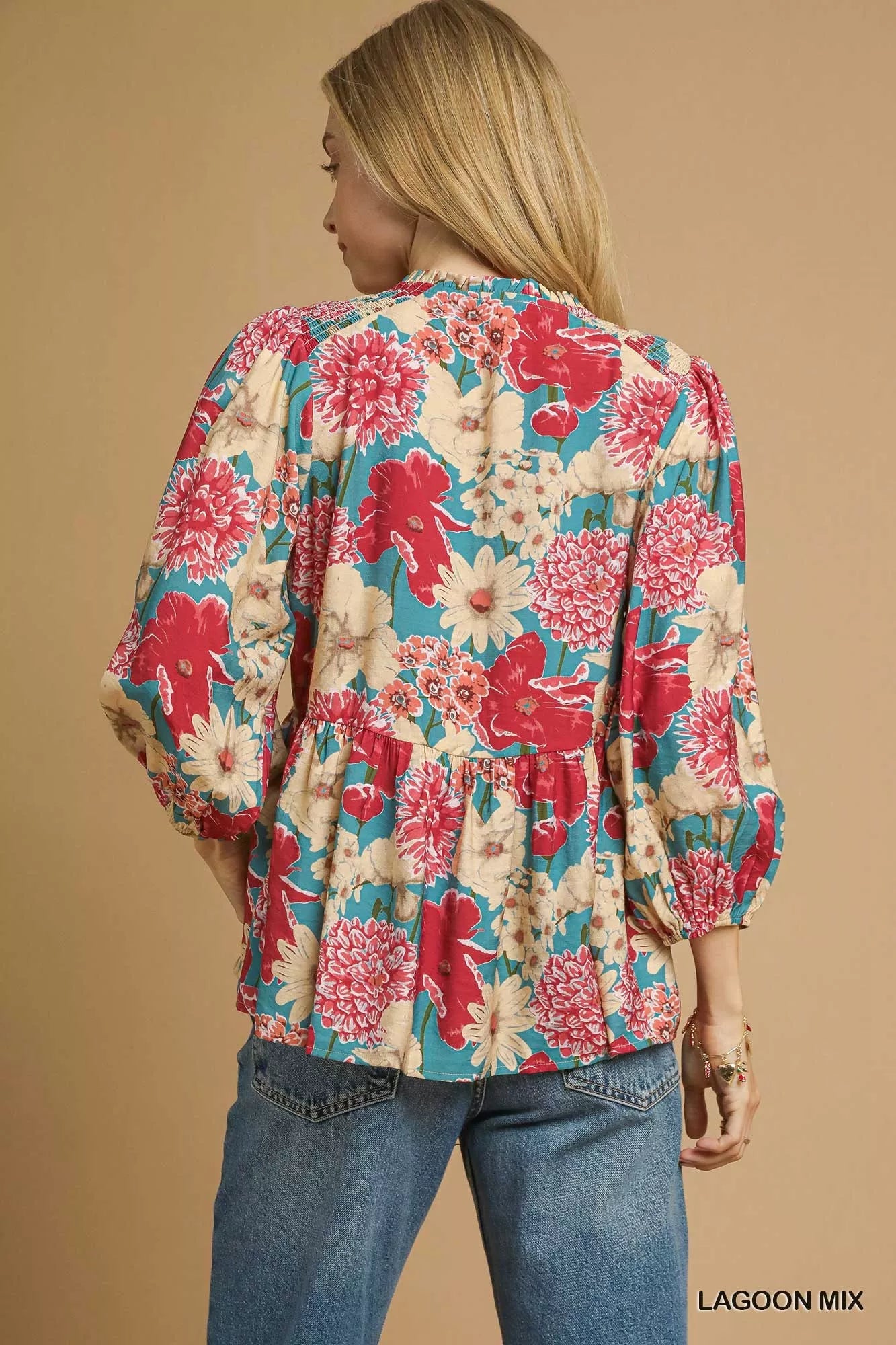 Umgee Lagoon Mix Floral Peplum Blouse with Tie Neck