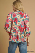Umgee Lagoon Mix Floral Peplum Blouse with Tie Neck
