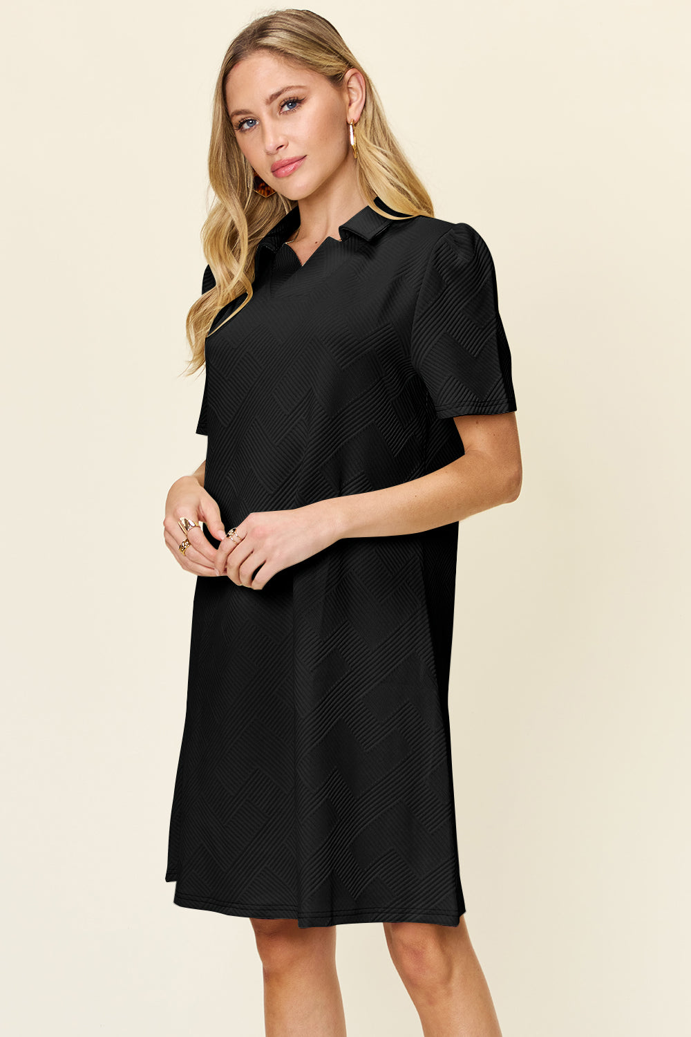 Double Take Quilted Textured Collared Neck Puff Sleeve Dress Trendsi