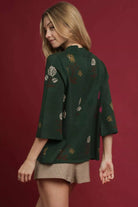 Umgee Hunter Green Floral Mock Neck Knit Top with Wide Sleeves