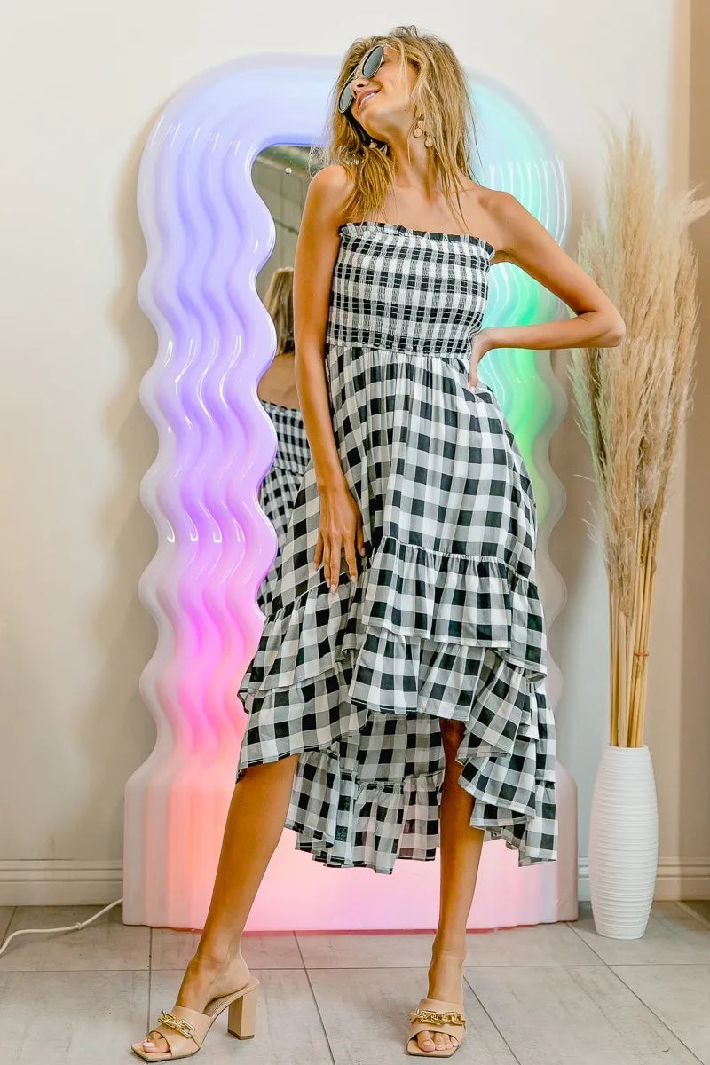 BiBi Black & Ivory Smocked Body Off Shoulder Check Dress