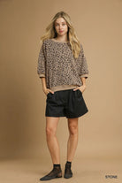 Umgee Stone Leopard Knit Jacquard Puff Sleeve Sweatshirt