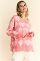 Davi & Dani Pink Heart Pearl Side Slit V Neck Sweater Trendsi