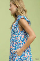 Umgee Blue Leaf Print Midi Tiered Dress with Side Pockets