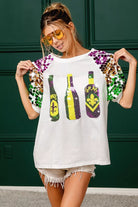 BiBi Sequin Mardi Gras Bottles Spangled Sleeve Top