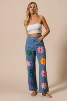 BiBi Flower Print Straight Legs Denim Pants