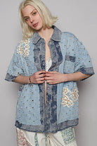 POL Distressed Short Sleeves Contrast Floral Patch Denim Shirt Light Blue