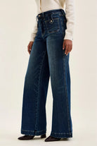 Judy Blue High Waist "lux" Retro Wide Jeans with Front Patch Tab Closure Dk Fade Indigo