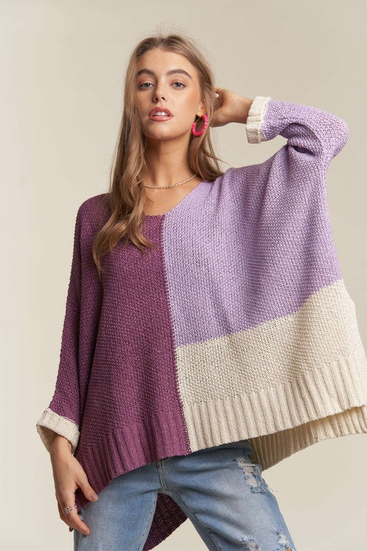 ADORA Deep Purple Side Slit Color Block Long Sleeve Sweater Deep Purple