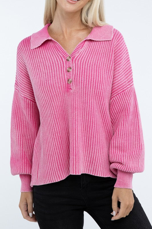 Zenana Washed Collared Henley Sweater in 6 Colors! FUCHSIA ZENANA