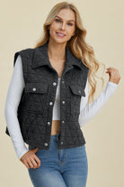 Double Take Pocketed Quilted Textured Snap Down Vest Coat Black Trendsi