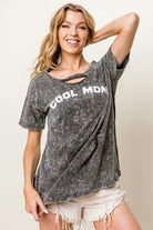 BiBi Black Charcoal Washed Laser Cut Detail Cool Mom Print Top