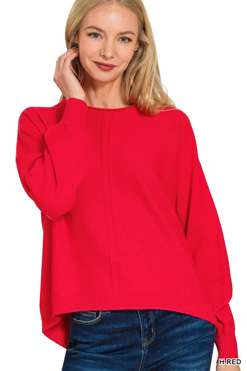 Zenana Red Viscose Front Seam Round-Neck Sweater