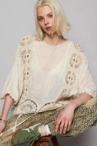 POL Natural Round Neck Crochet Top with Floral Embroidery Detail