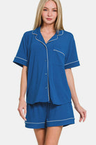 Zenana Classic Blue Button Down Short Sleeve Top and Shorts Lounge Set Classic Blue Loungewear Set